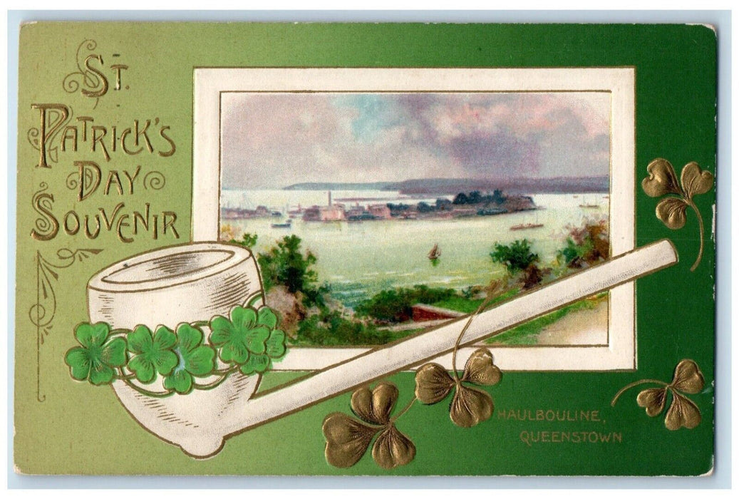 c1910's St. Patrick's Day Souvenir Pipe Shamrock Winsch Back Embossed Postcard