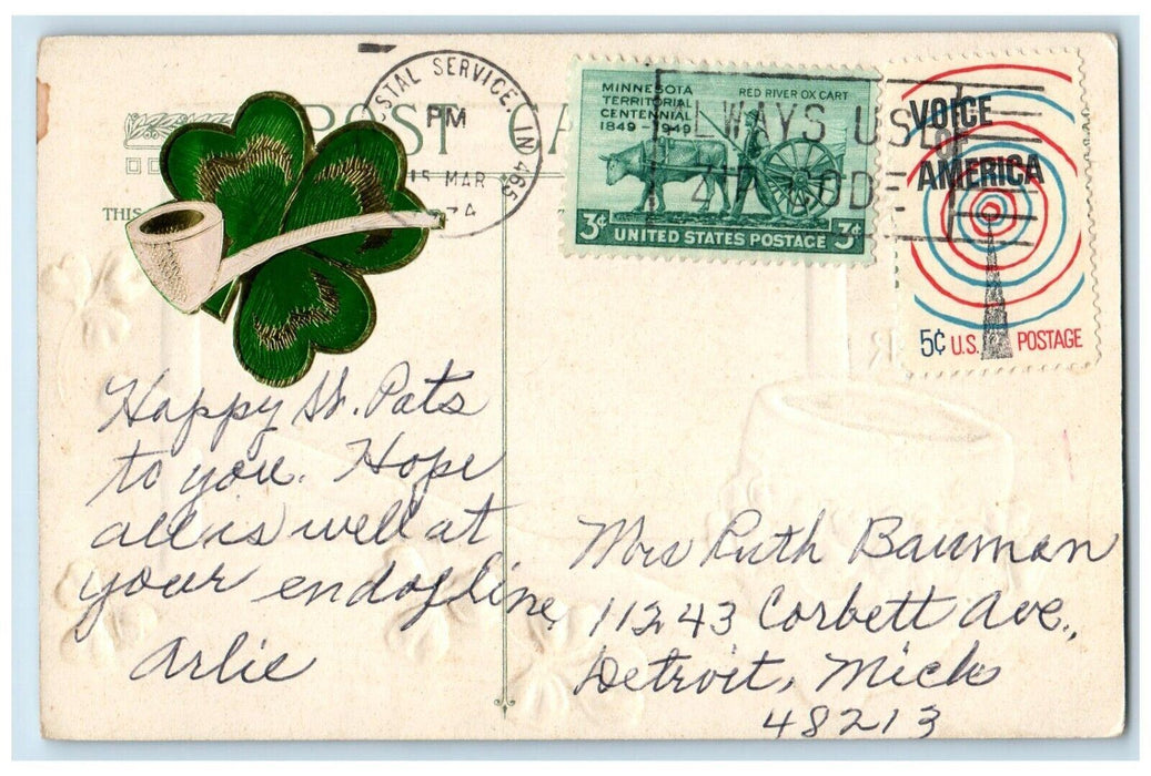 c1910's St. Patrick's Day Souvenir Pipe Shamrock Winsch Back Embossed Postcard