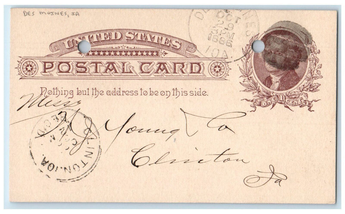 1886 BA lockmoode Car Lumber Order Des Moines IA Clinton IA Postal Card