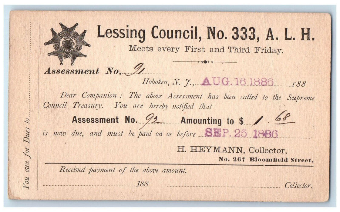 1886 Lessing Council No. 333 ALH Hoboken New Jersey NJ Posted Postal Card
