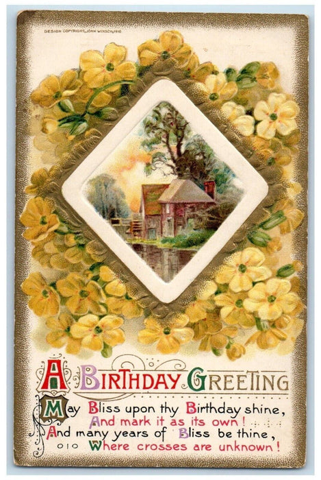 1912 Birthday Greetings Flowers John Winsch Artist Signed Embossed Postcard