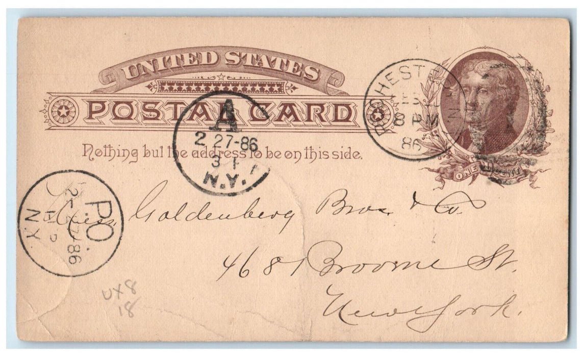 1886 Laces Order Rochester New York NY PO NY Chester NJ Posted Postal Card