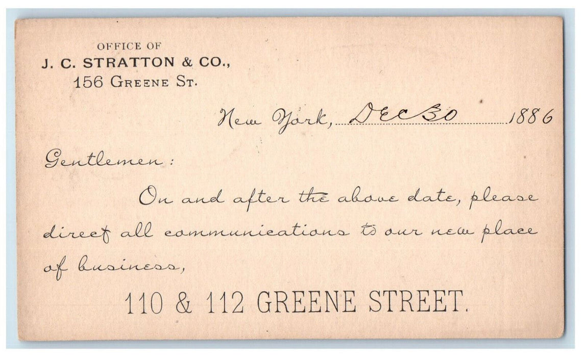 1886 Office of J.C. Stratton & Co New York City NY Posted Postal Card