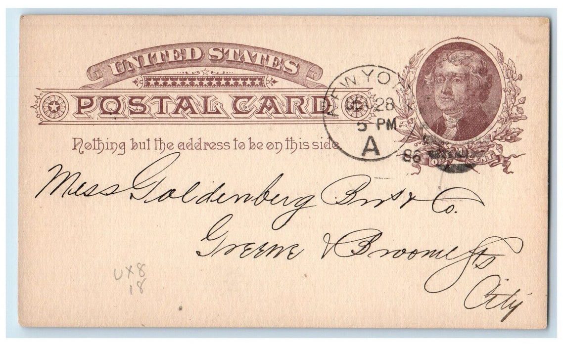 1886 Office of J.C. Stratton & Co New York City NY Posted Postal Card