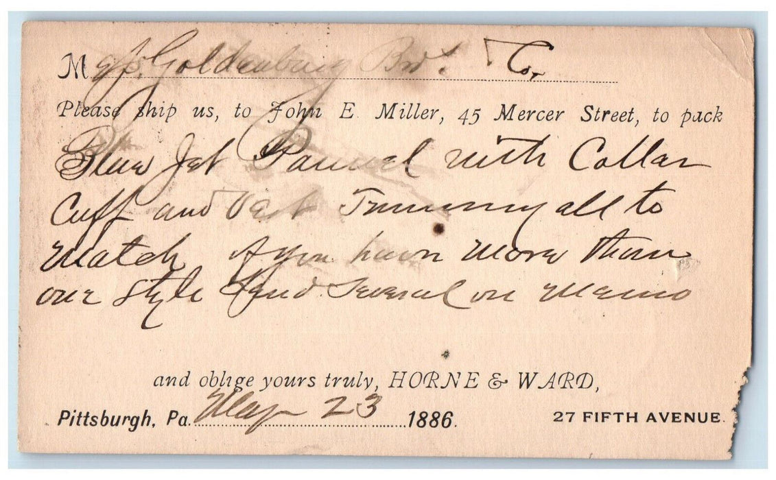 1886 Ship Items Message Horne & Ward Pittsburgh Pennsylvania PA Postal Card