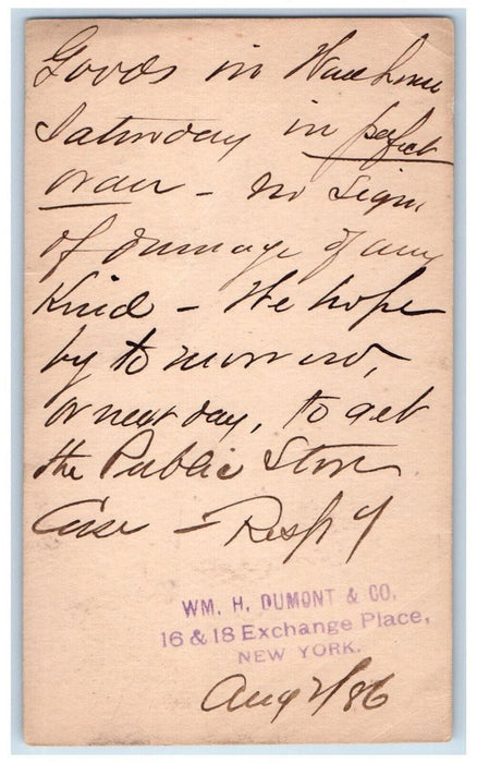 1886 Public Stm Case W.M. H. Dumont & Co Exchange Place New York NY Postal Card