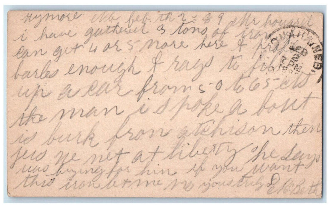 1889 Gathered 3 Tons of Iron WS Howard Omaha NE Wymore Nebraska NE Postal Card