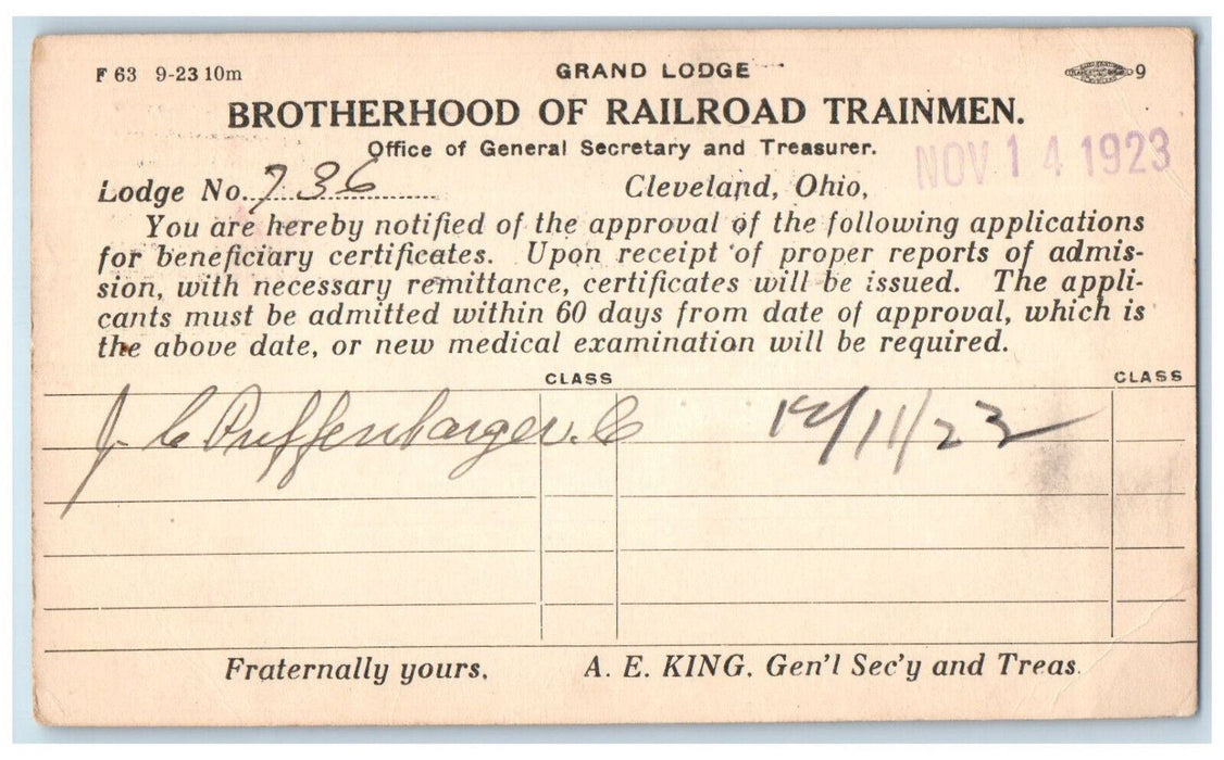 1923 Grand Lodge Brotherhood of Railroad Trainmen Cleveland OH Postal Card