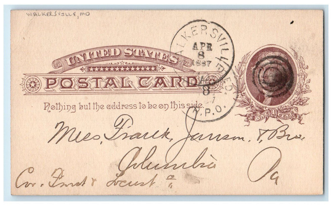 1887 Frank Janson & Bro Walkersville Maryland MD Columbia PA RPO Postal Card