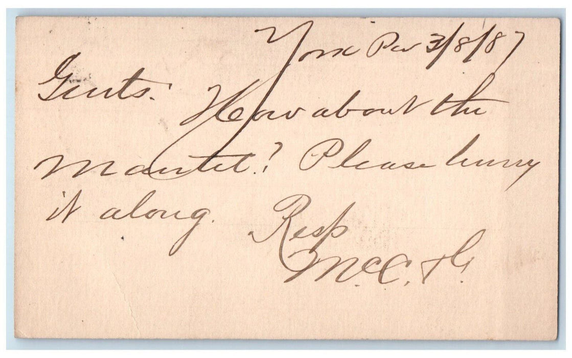 1887 Message About Mantle York PA Frank Janson & Bro Columbia PA Postal Card
