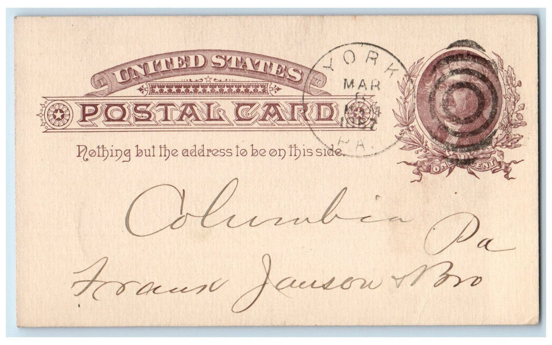 1887 Message About Mantle York PA Frank Janson & Bro Columbia PA Postal Card