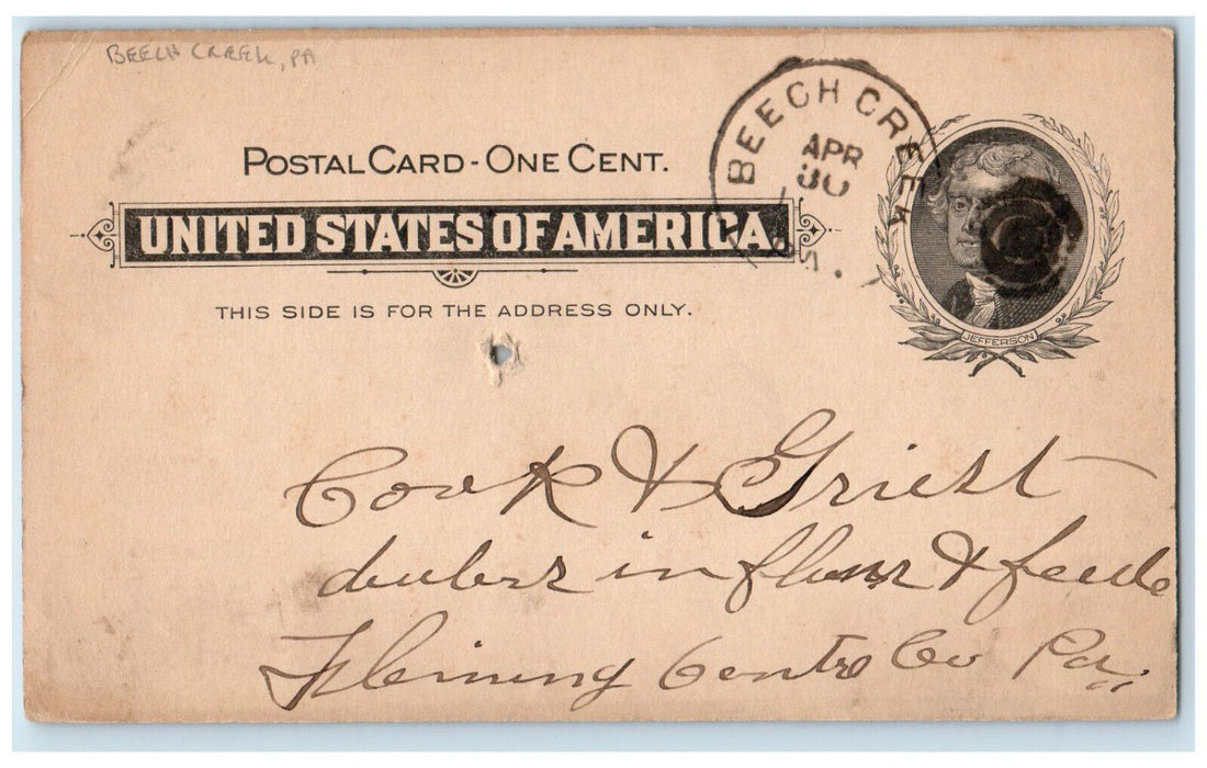 1900 Cook & Greist Beech Creek Pennsylvania PA Fleming PA Postal Card