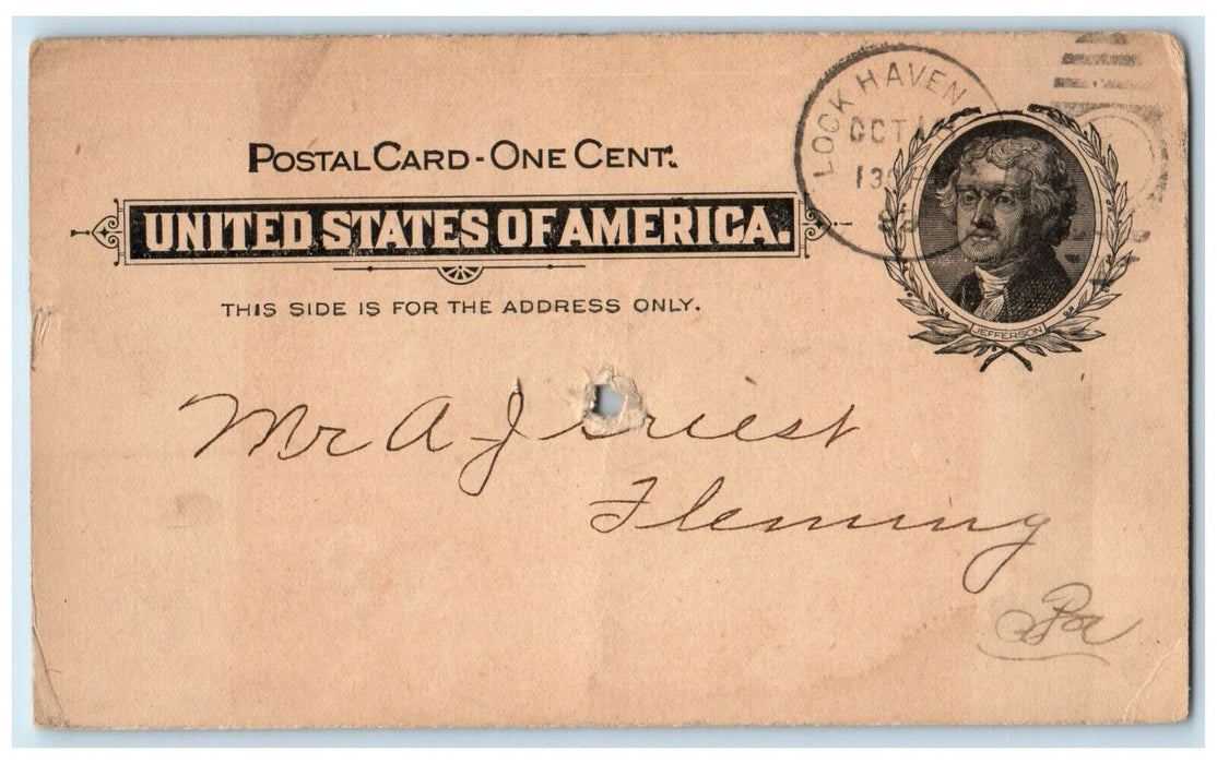 1899 TH Harmon Cigars Tobaccos Smokers Lock Haven PA Fleming PA Postal Card