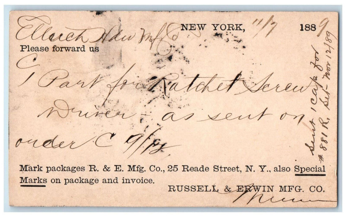 1889 Russell & Erwin Mfg. Co. New York City NY Plantsville CT Postal Card