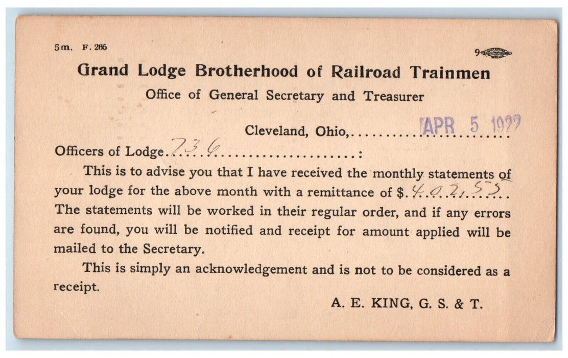 1922 AE Kings GS & T Brotherhood of Railroad Trainmen Cleveland OH Postal Card