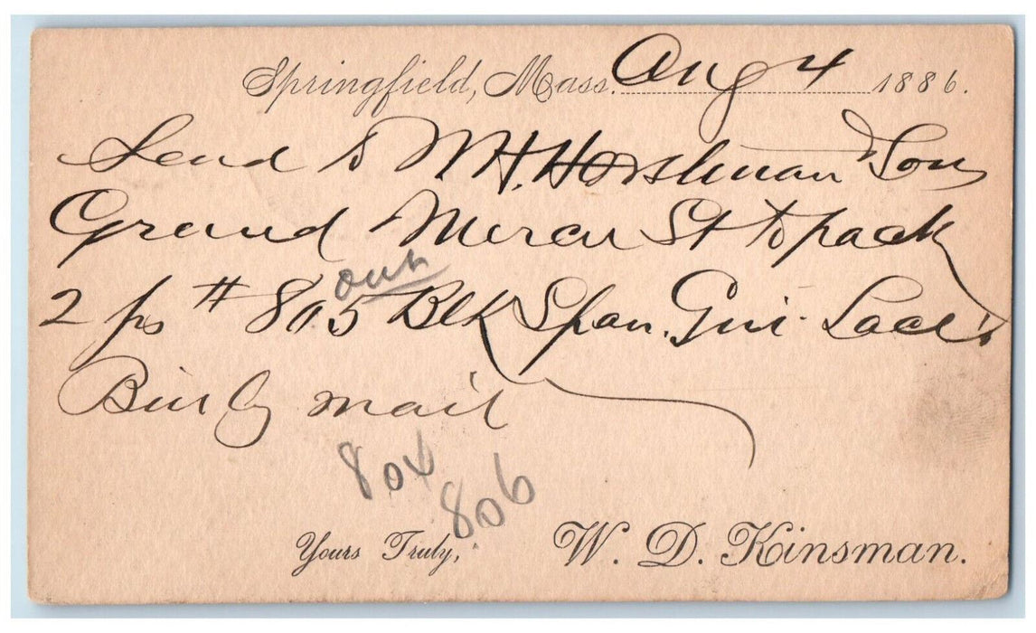 1886 W.D. Kinsman Springfield Massachusetts MA New York City NY Postal Card