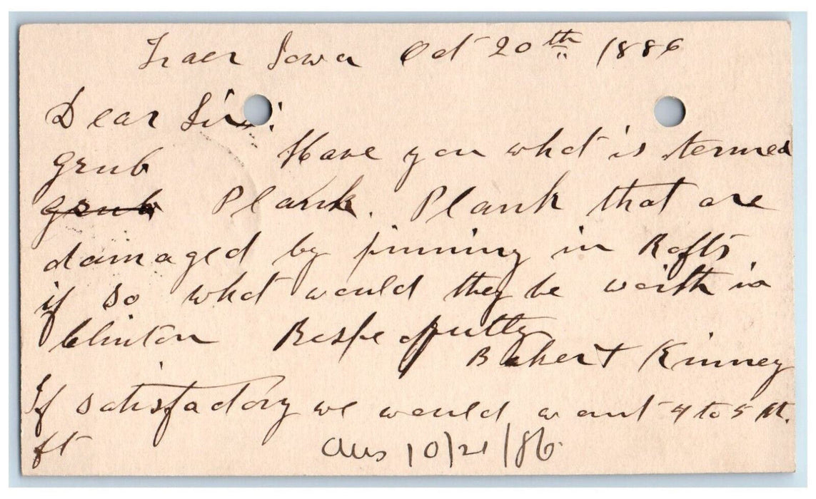 1886 Plank Bhert Kinney WJ Young & Co. Traer Iowa IA Clinton IA Postal Card