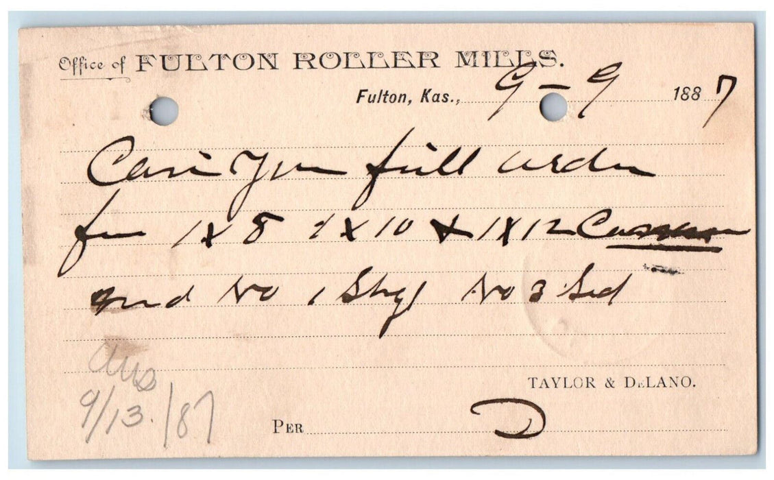 1887 Fulton Roller Mills Taylor & Delano Fulton Kansas KS Postal Card