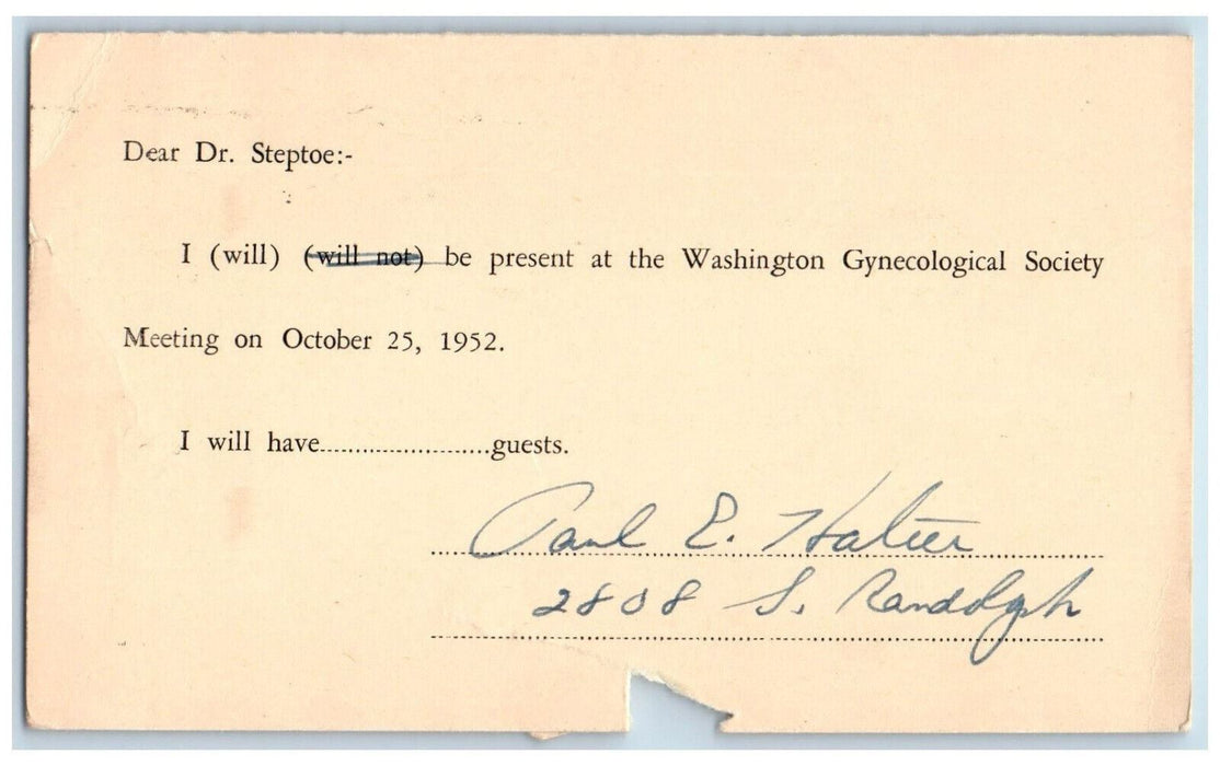 1952 Washington Gynecological Society Meeting Washington DC Postal Card