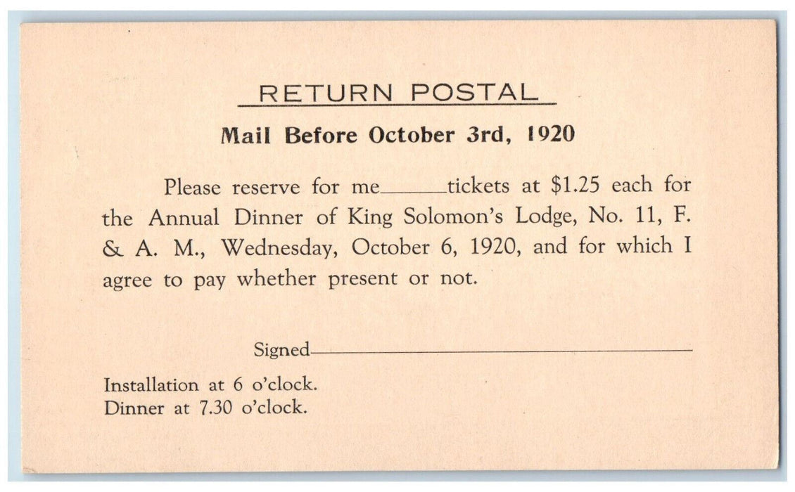 1920 Annual Dinner of King Solomon's Lodge No. 11 East Greenwich RI Postal Card