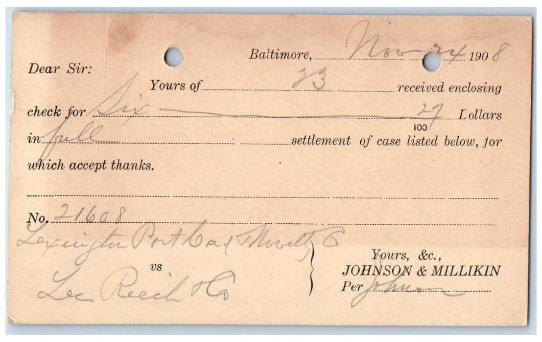 1908 Johnson & Millikin Baltimore Maryland MD Frederick MD Postal Card