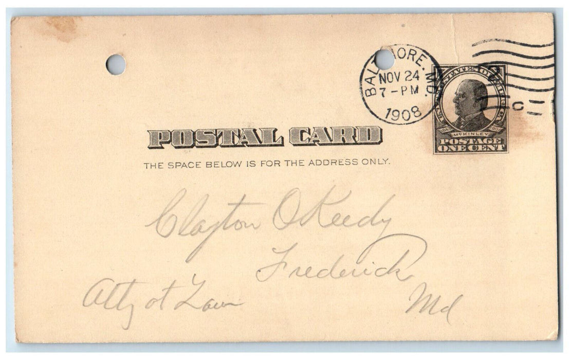 1908 Johnson & Millikin Baltimore Maryland MD Frederick MD Postal Card