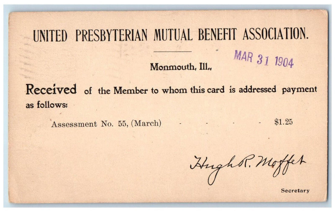 1904 Assessment No. 55 United Presbyterian Mutual Assoc Monmouth IL Postal Card