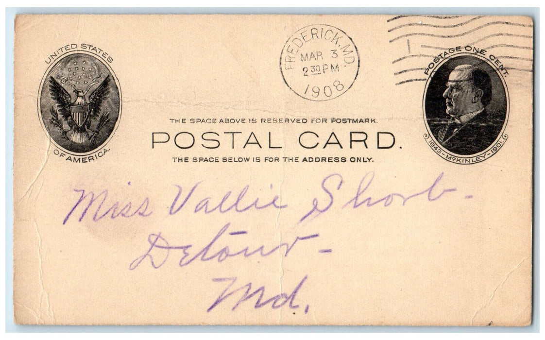 1908 Letter to Dear Vallie Walked All Around Frederick Maryland MD Postal Card