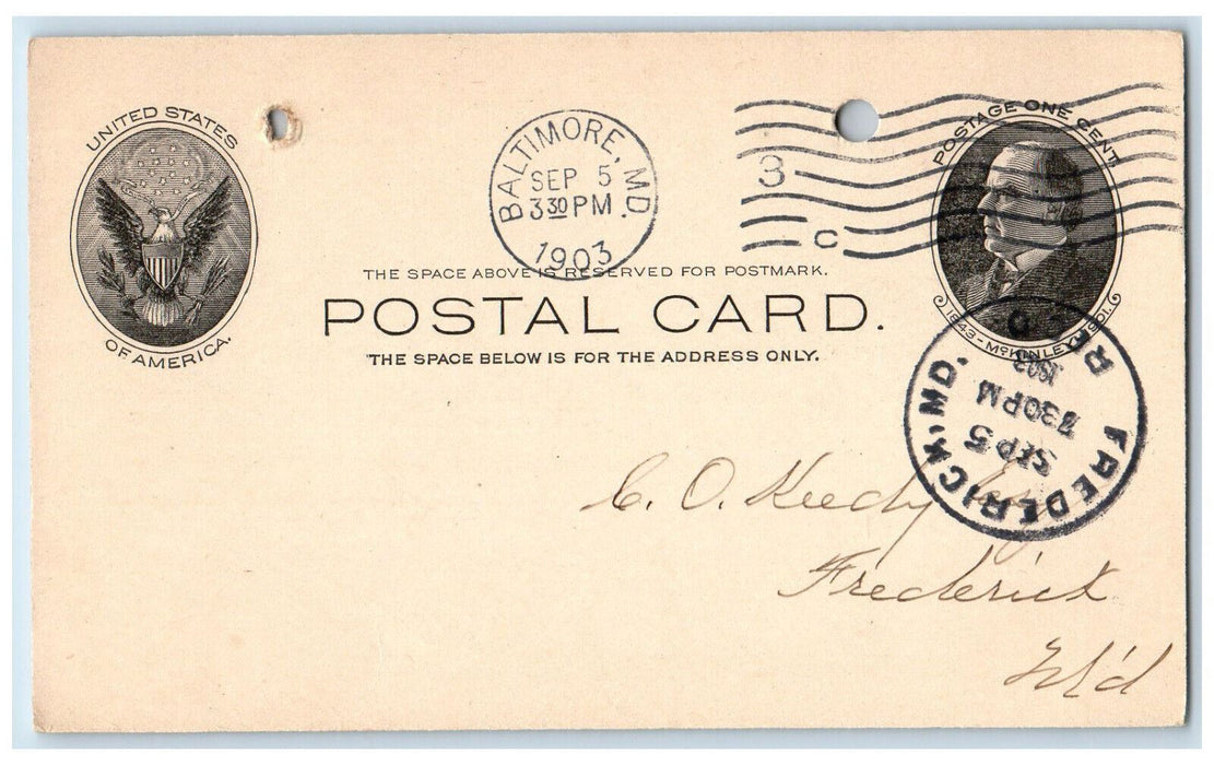 1903 Sutton Williams Message Baltimore Frederick Maryland MD Postal Card