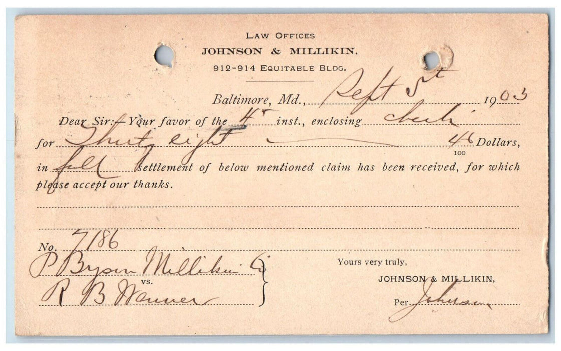 1903 Enclosing Check Johnson & Millikin Baltimore Maryland MD Postal Card