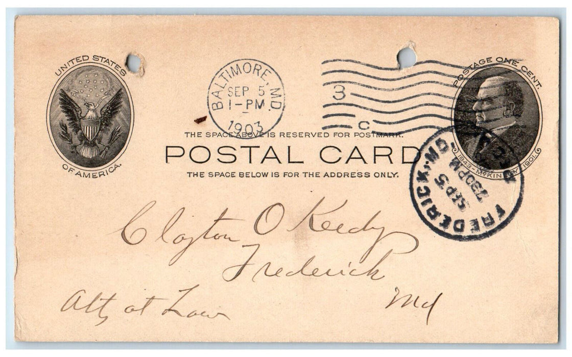 1903 Enclosing Check Johnson & Millikin Baltimore Maryland MD Postal Card