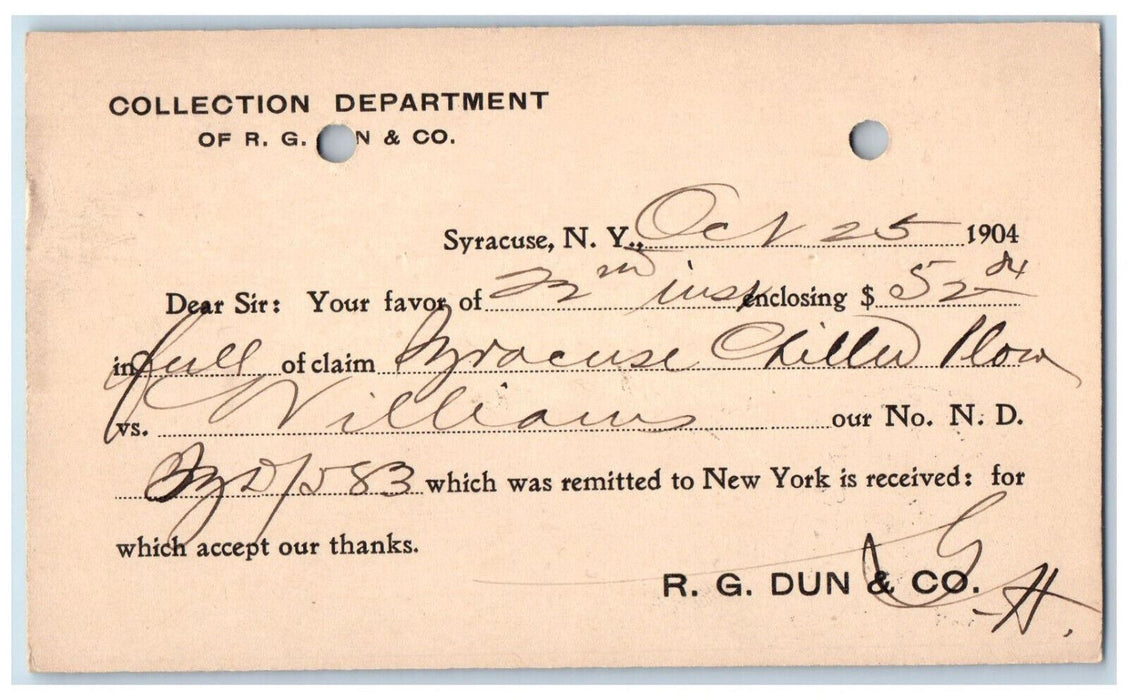 1904 Collection Department Of RG Dun & Co. Syracuse New York NY Postal Card