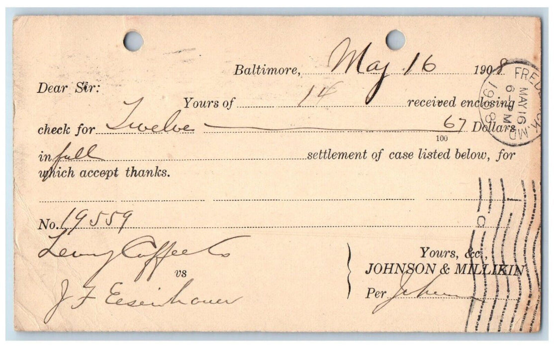 1908 Johnson & Millikin Baltimore Maryland MD Antique Posted Postal Card