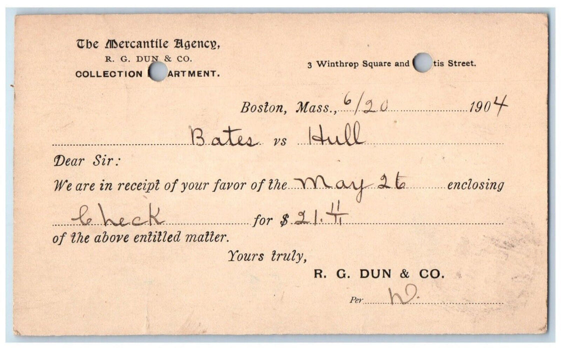 1904 Bates VS Hull Check R.G. Dun & Co. Boston MA Frederick MD Postal Card