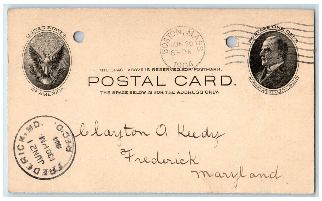 1904 Bates VS Hull Check R.G. Dun & Co. Boston MA Frederick MD Postal Card