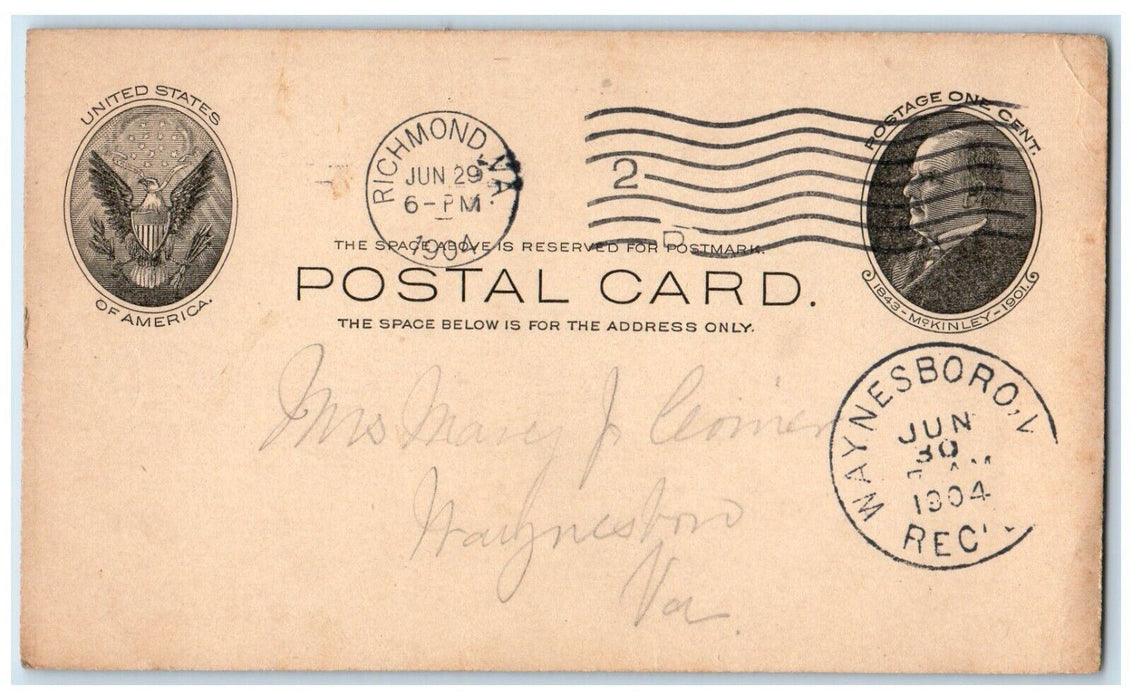 1904 Letter to Dear Ma Going Home Richmond VA Waynesboro VA Postal Card