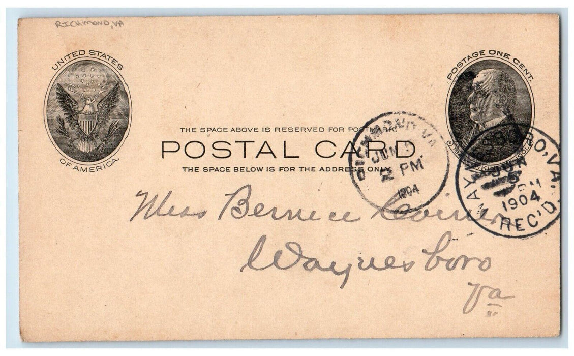 1904 Letter to Miss Bernice Richmond VA Waynesboro VA Antique Postal Card