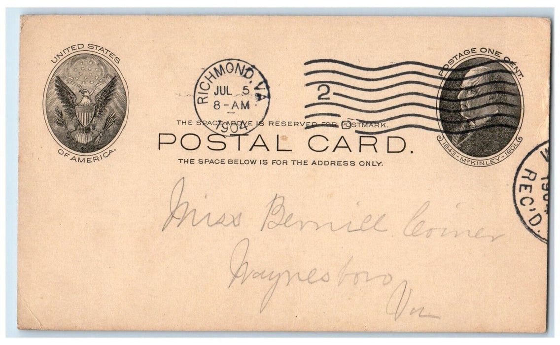 1904 Miss Bernice Coiner Eat Dinner Richmond VA Waynesboro VA Postal Card
