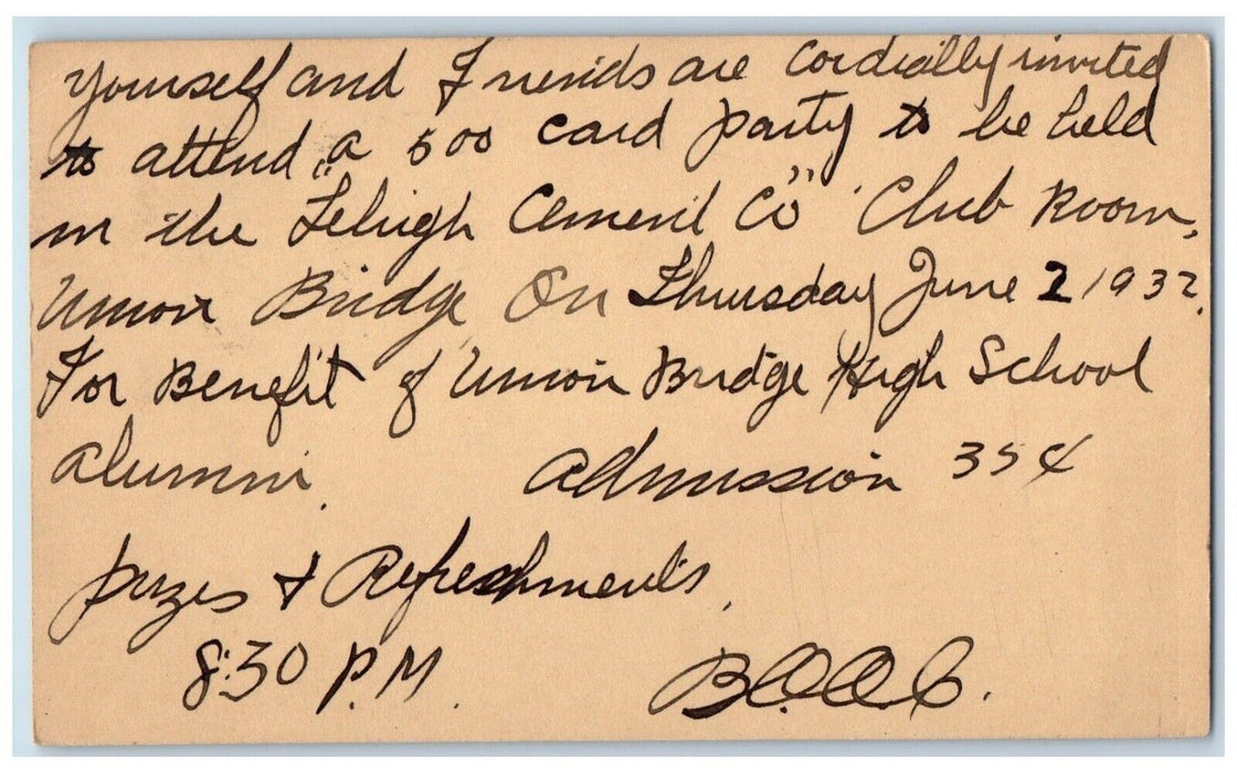 1932 Invited to 500 Card Party Detour Maryland MD Vintage Postal Card