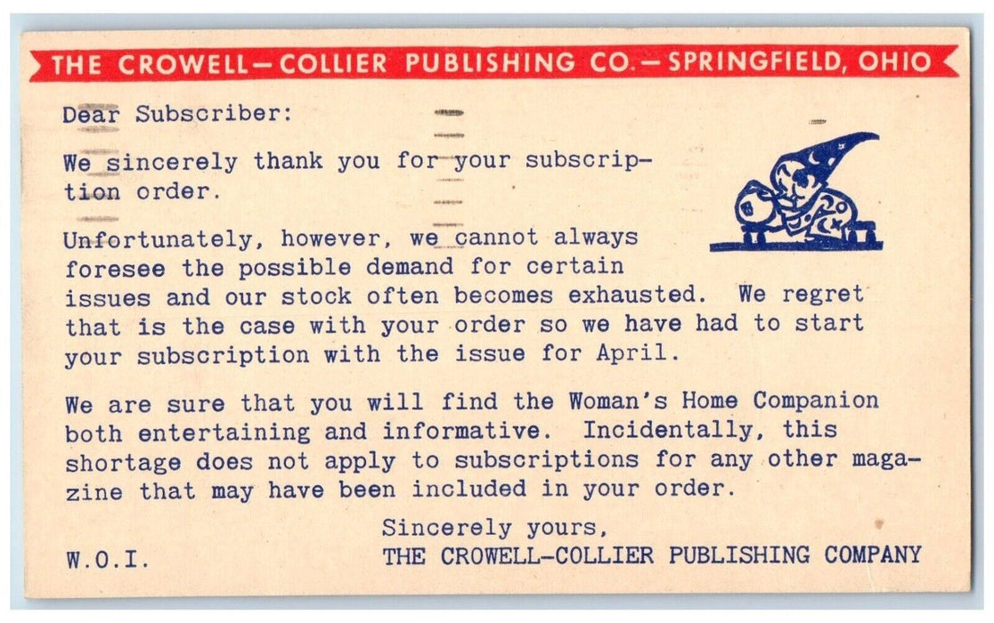 1942 The Cromwell-Collier Publishing Co. Springfield Ohio OH Postal Card