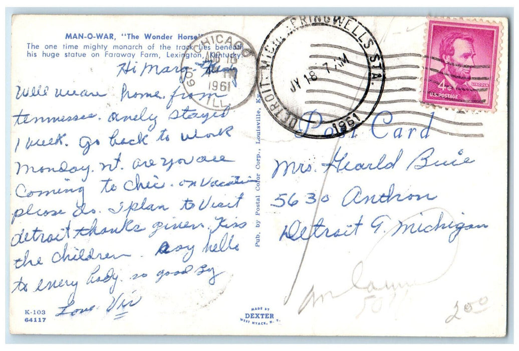 1961 Man-O-War The Wonder Horse Monument Statue Chicago Illinois IL Postcard