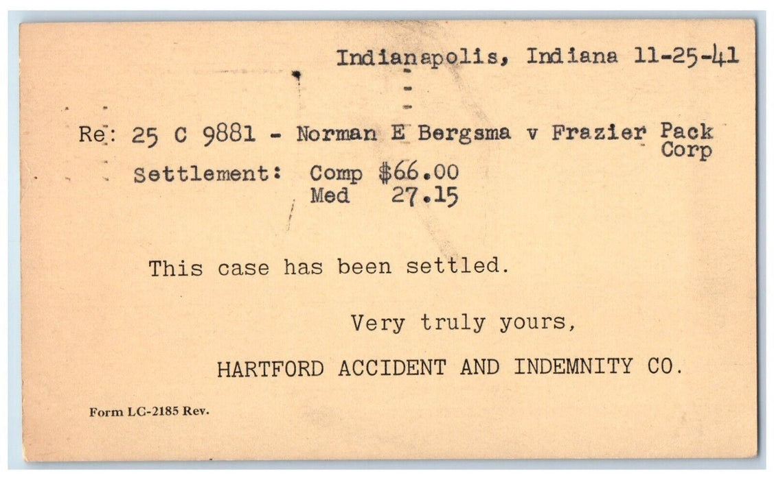 1941 Norman E Bergsma V Frazier Pack Corp Indianapolis IN Postal Card