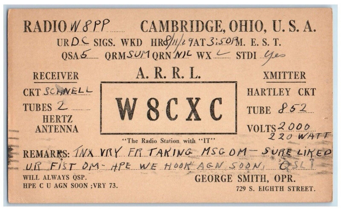 1929 QSL Ham Radio W8PP H.E. Falk Cambridge Ohio OH Monroe MI Postal Card