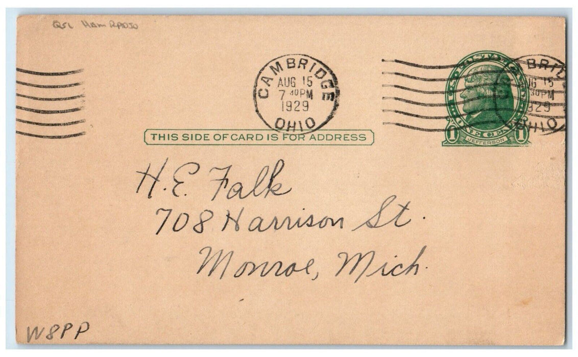 1929 QSL Ham Radio W8PP H.E. Falk Cambridge Ohio OH Monroe MI Postal Card