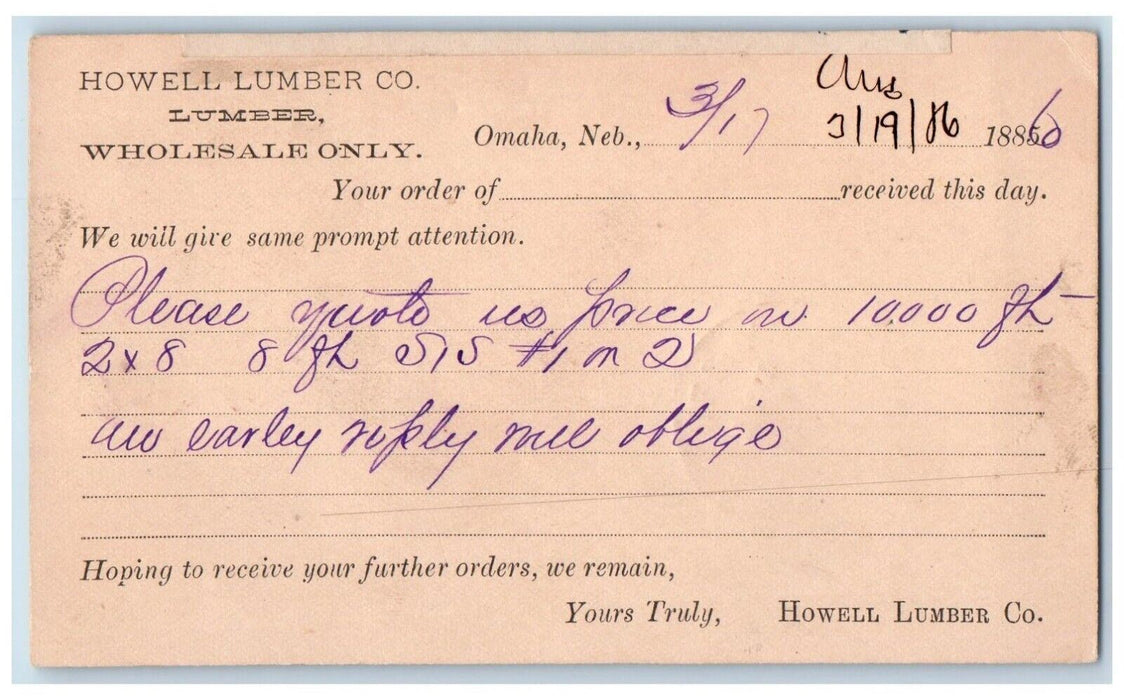 1886 Howell Lumber Co. Wholesale Only Omaha NE Clinton IA Postal Card