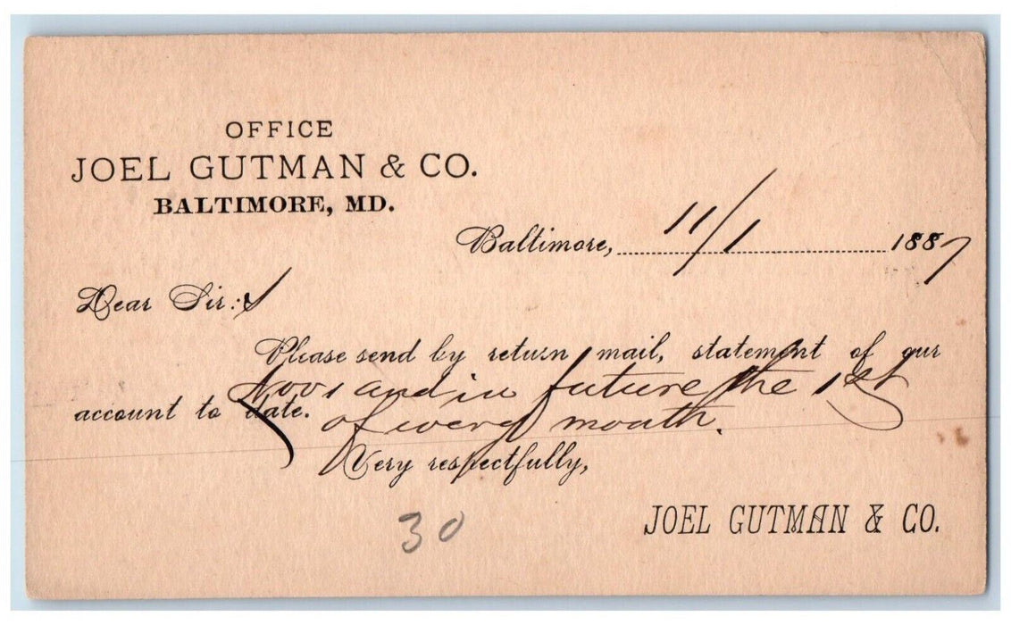 1886 Office Joel Gutman & Co. Baltimore Maryland MD Antique Postal Card