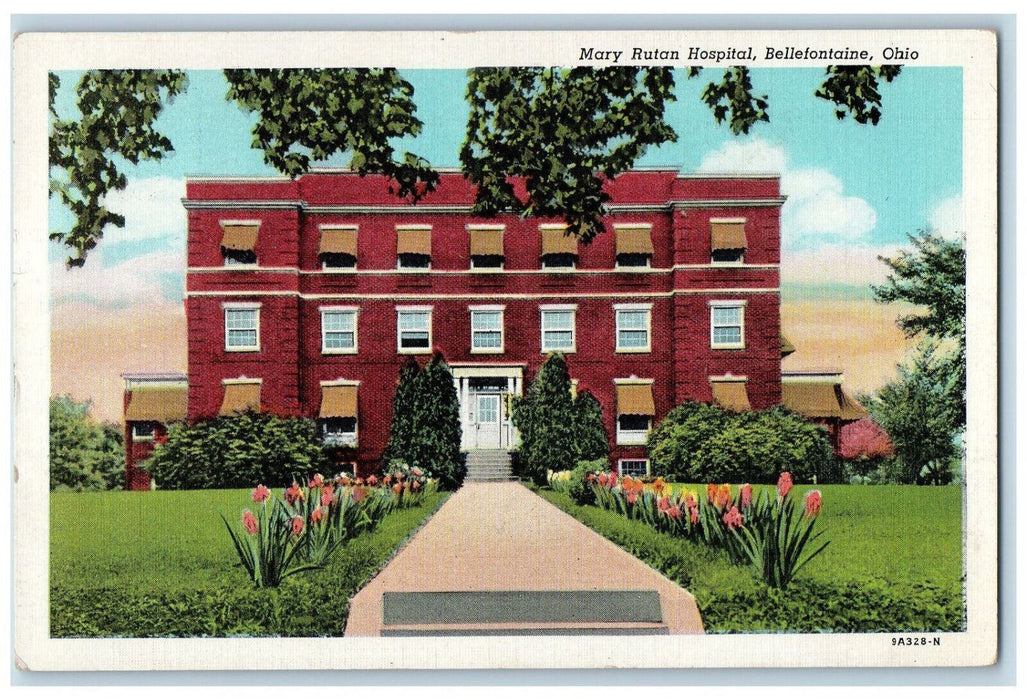 1948 Entrance To Mary Rutan Hospital Garden Scene Bellefontaine Ohio OH Postcard