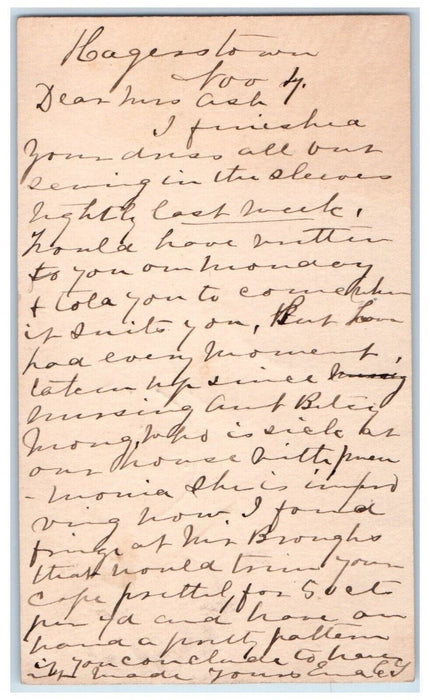 1886 Finished Dress Mrs. Lollie Ash Hagerstown MD Conococheague MD Postal Card