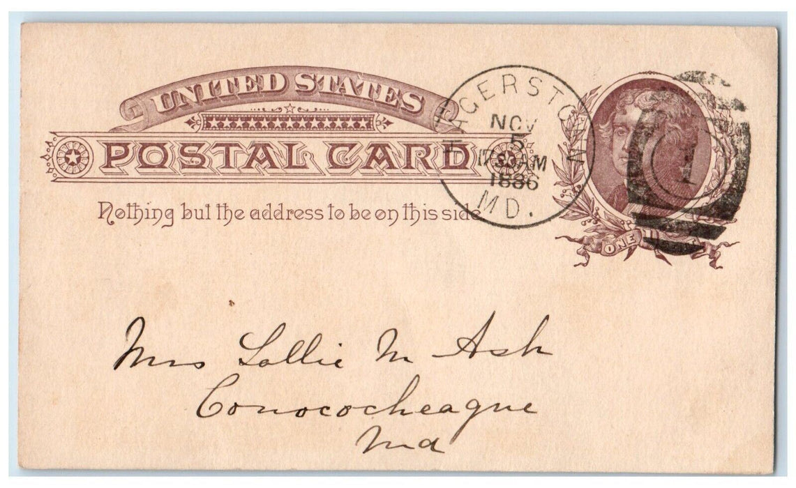 1886 Finished Dress Mrs. Lollie Ash Hagerstown MD Conococheague MD Postal Card