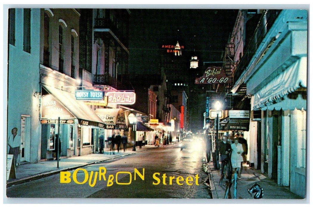 1970 Bourbon Street At Night Sho Bar Stores New Orleans Louisiana LA Postcard